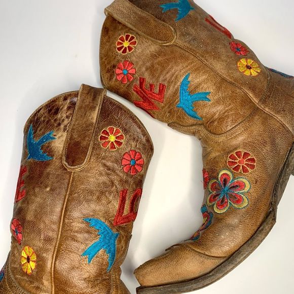 Old Gringo Brown Floral LOVE Embroidered Checruda Leather Cowboy Boots Size 8.5 - Picture 8 of 12